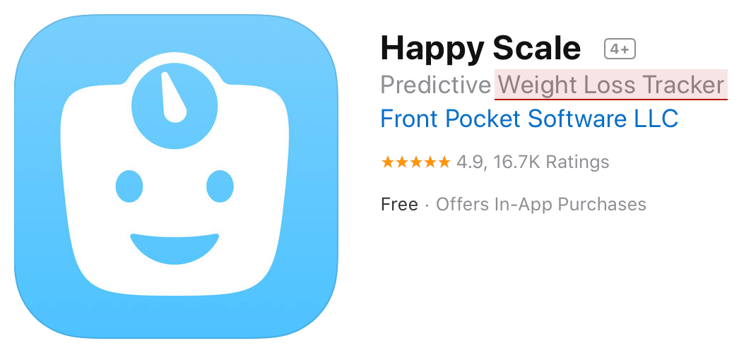 The App Store listing for Happy Scale, showing the subtitle is Predictive Weight Loss Tracker